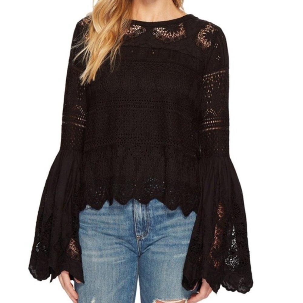 FREE PEOPLE Once Upon A Time Lace Black Top, SMALL, cotton, Long Bell sleeve
